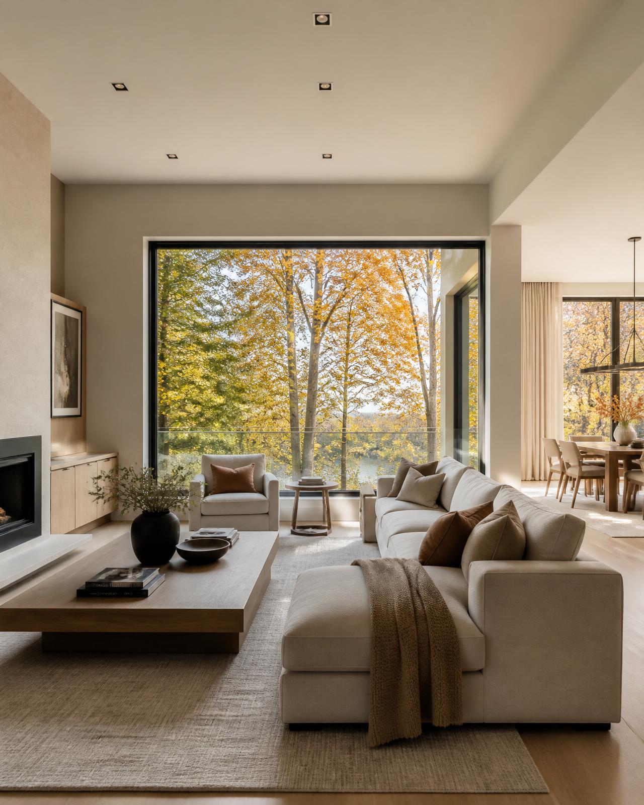 A bright modern Ontario living room with picture windows overlooking mature trees