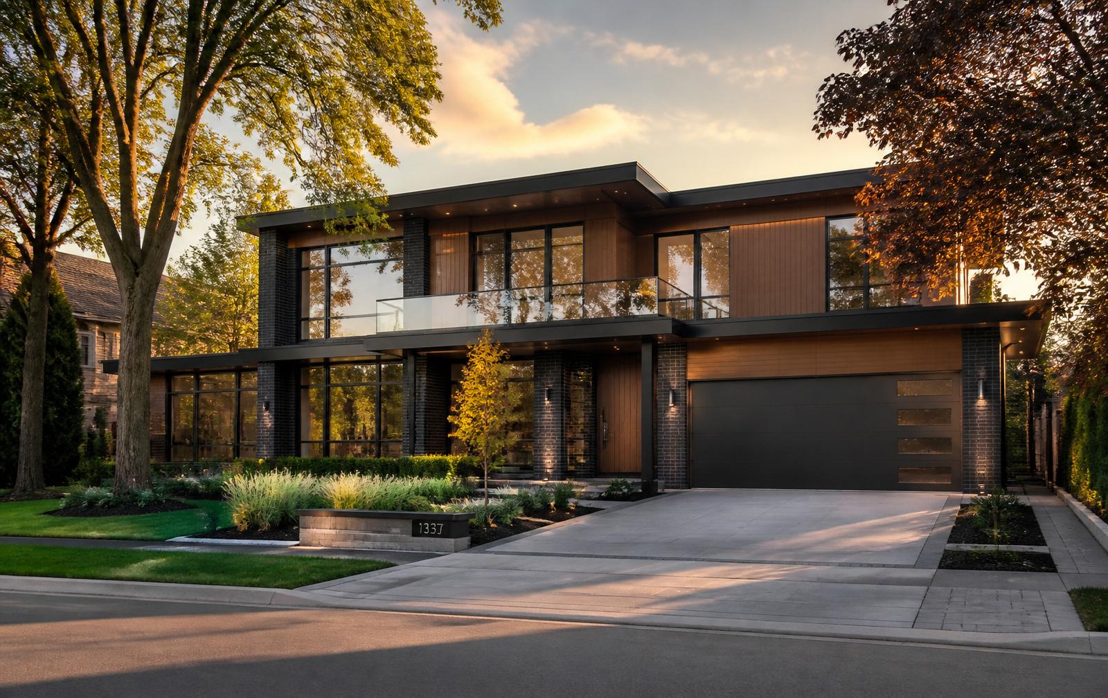 A modern West GTA home at golden hour, framed by mature maple trees